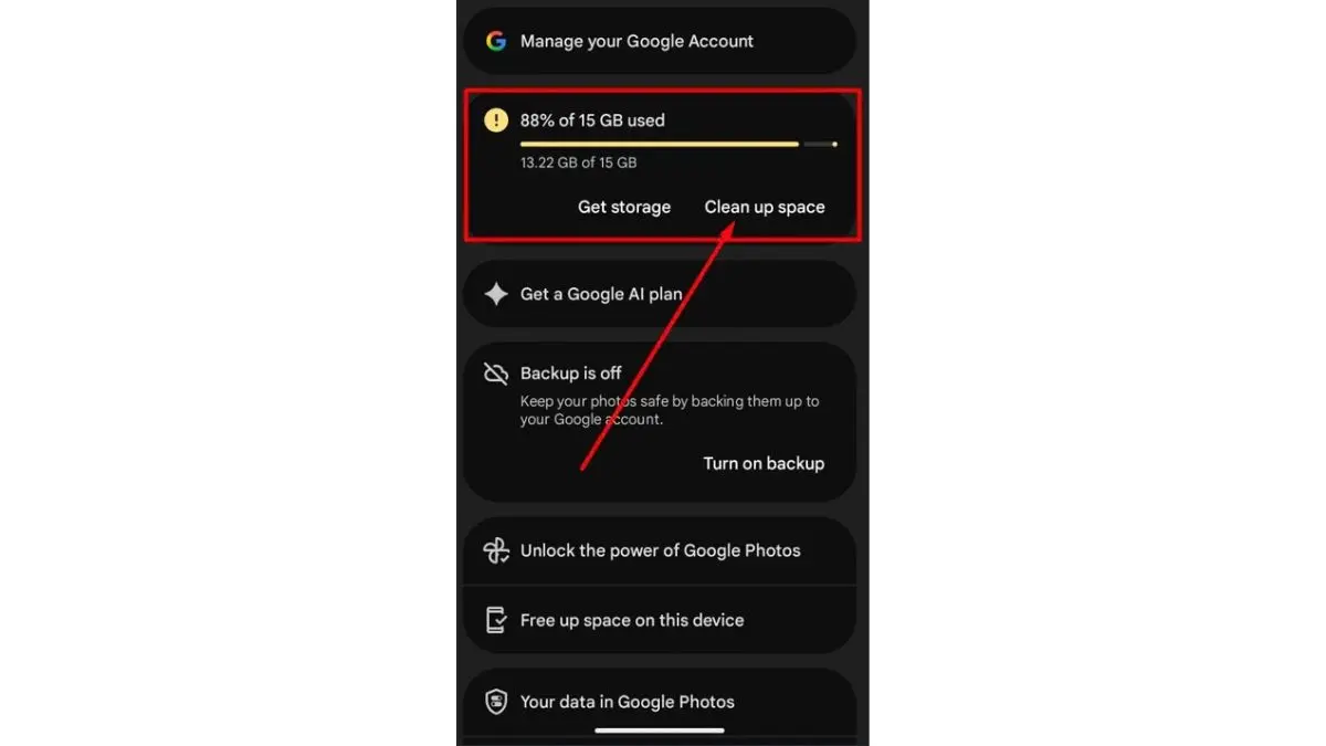 Google Photos میں موبائل کی جگہ خالی کرنے کا اختیار